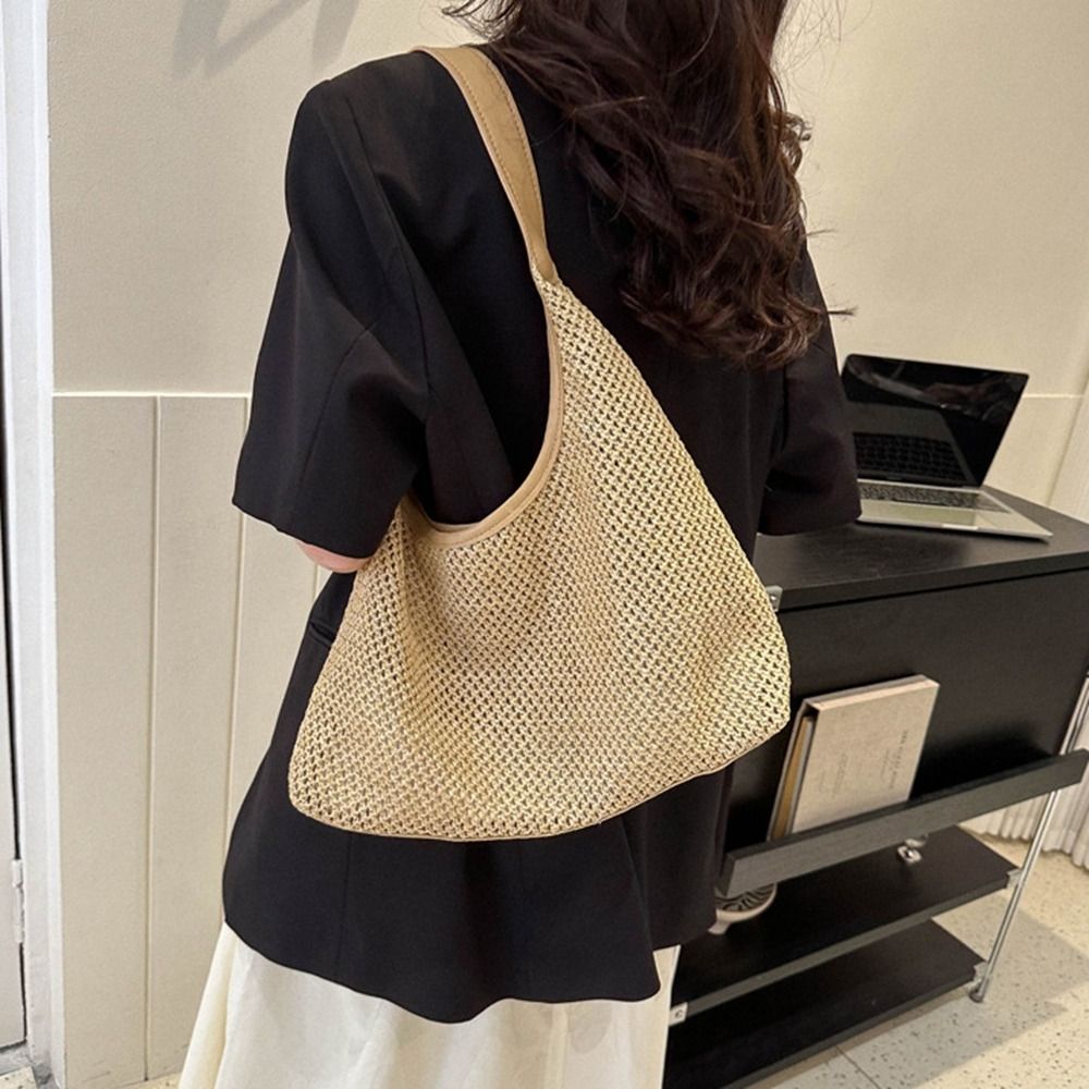 Tote Bag Beach - Simple Solid Color Weave Straw Bag