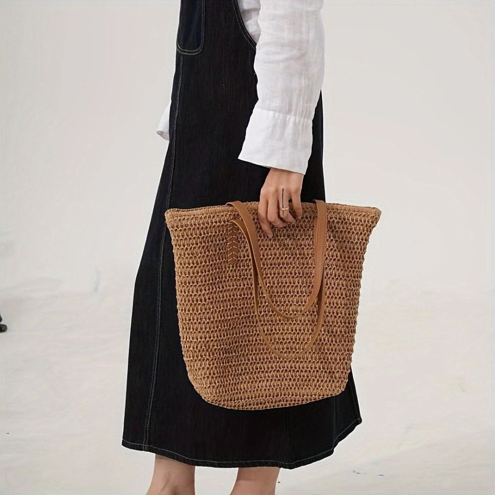 Tote Bag Beach - Casual Solid Color Weave Straw Tote