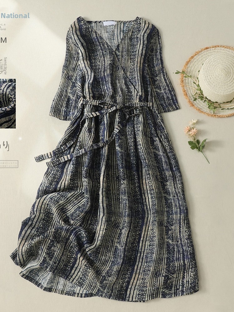V-Neck Short Sleeve Midi Dress - Linen Dress Wrap 리뷰 및 가격