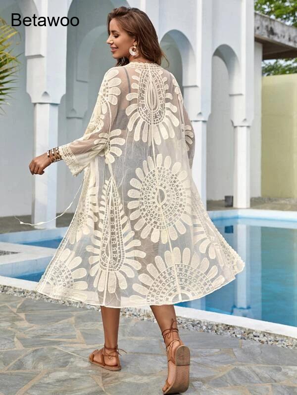 Women White Boho Floral Hollow - Kimono Sheer Floral 리뷰 및 가격