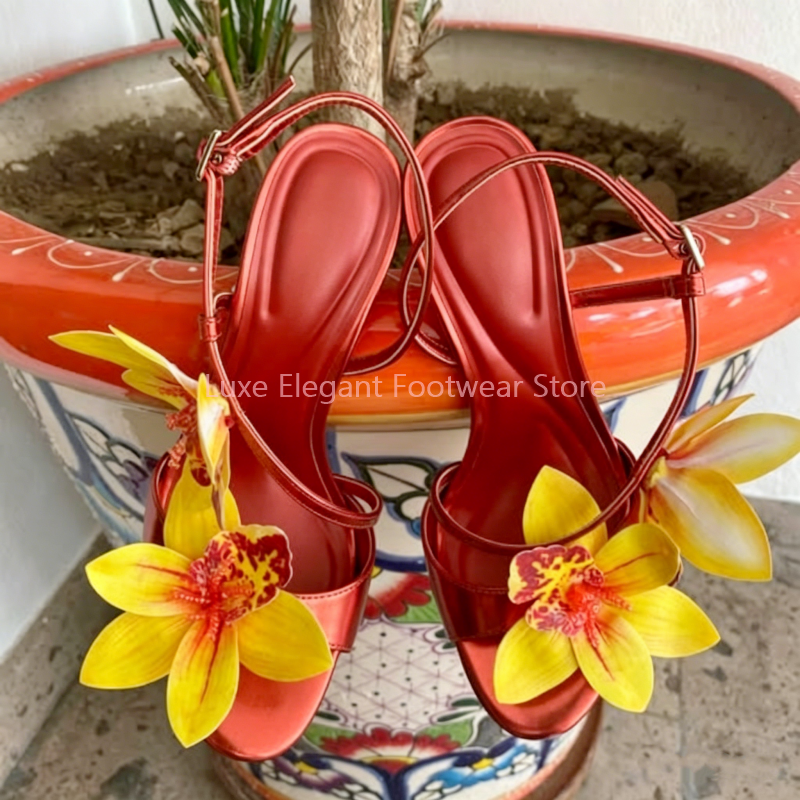 Red Flower Decor Back Strap Ho - Sandal Strappy Heeled 리뷰 및 가격