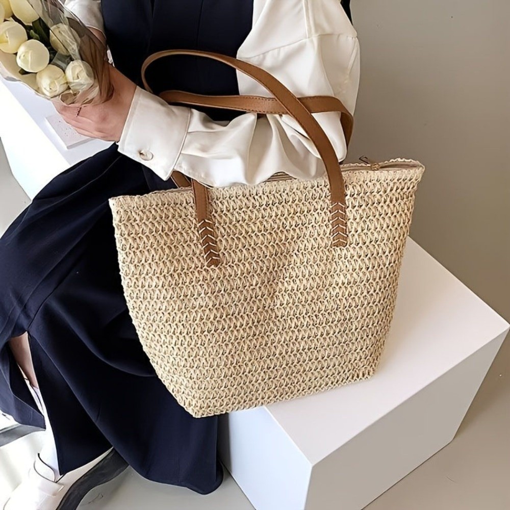 Fashion Solid Color Weave Stra - Tote Bag Beach 리뷰 및 가격