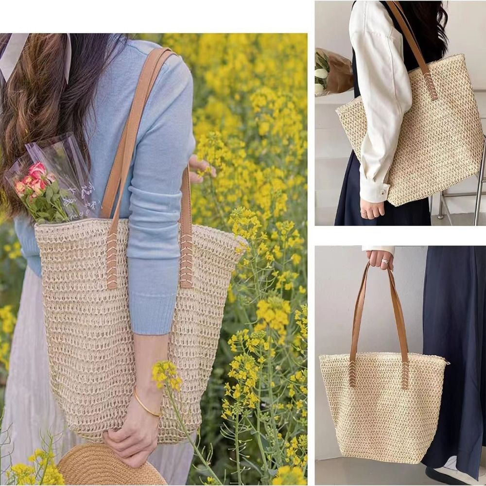 Fashion Solid Color Weave Stra - Tote Bag Beach 리뷰 및 가격