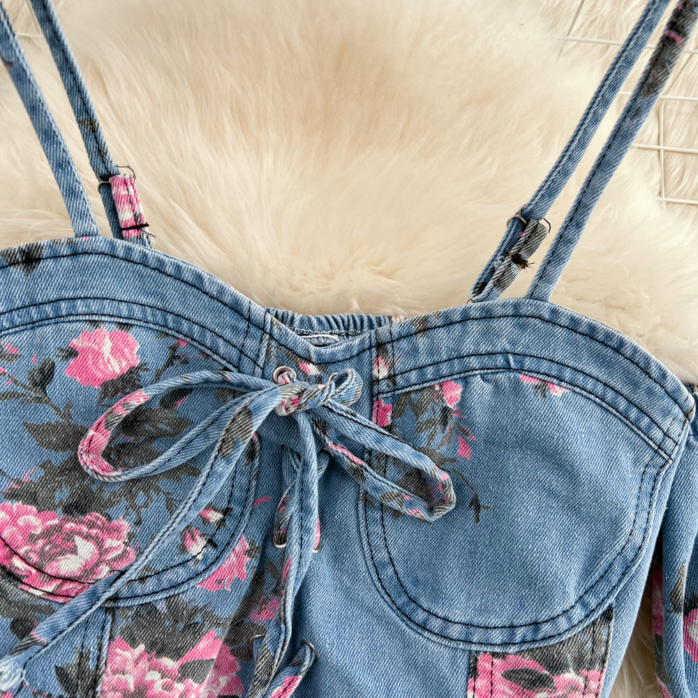 Fashion Floral Print Denim Ski - Romper Floral Print 리뷰 및 가격