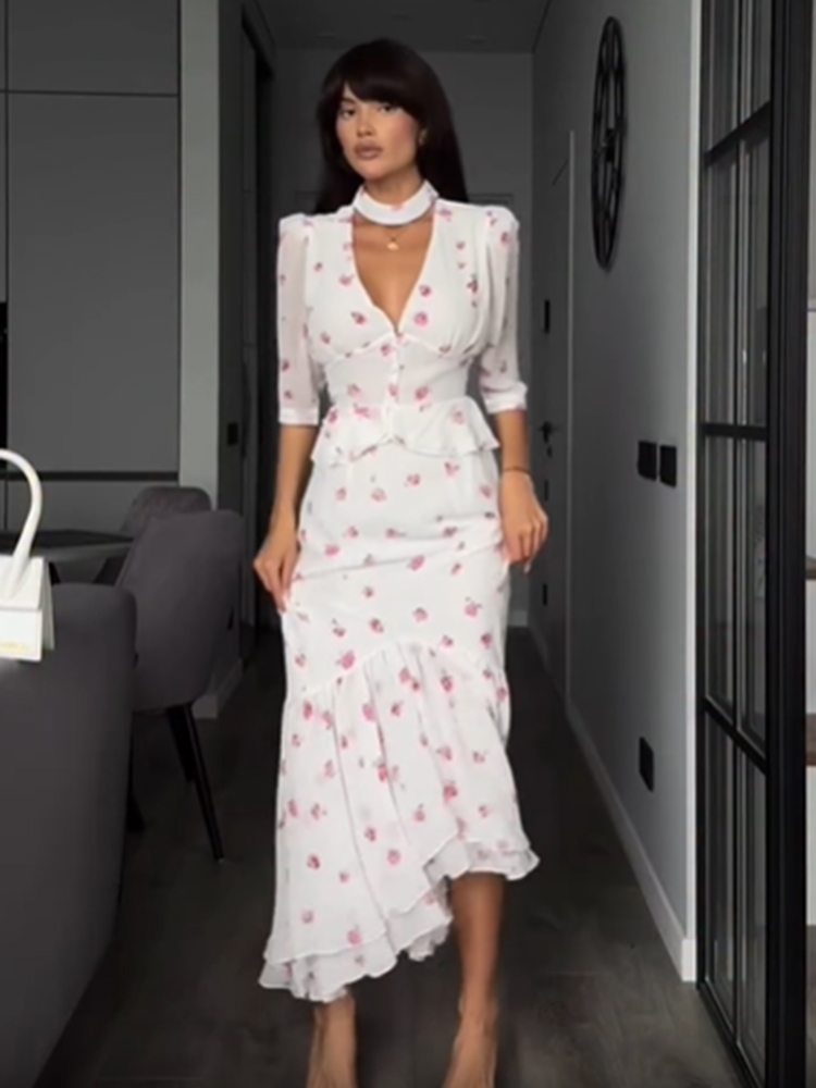 Women White Pink Floral Choker - Romper Floral Print 리뷰 및 가격