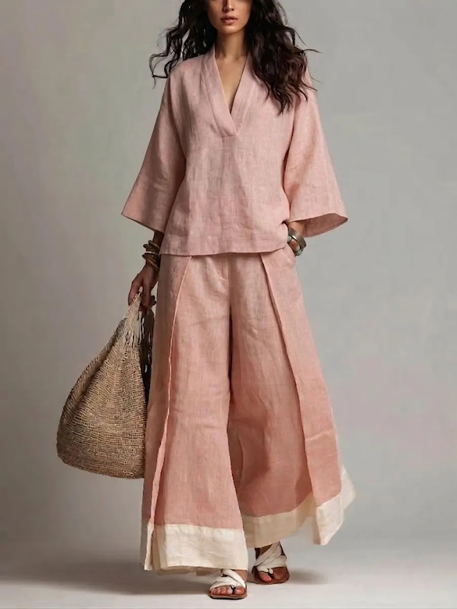 Summer Women V-neck Cotton Lin - Linen Pant Wide 리뷰 및 가격