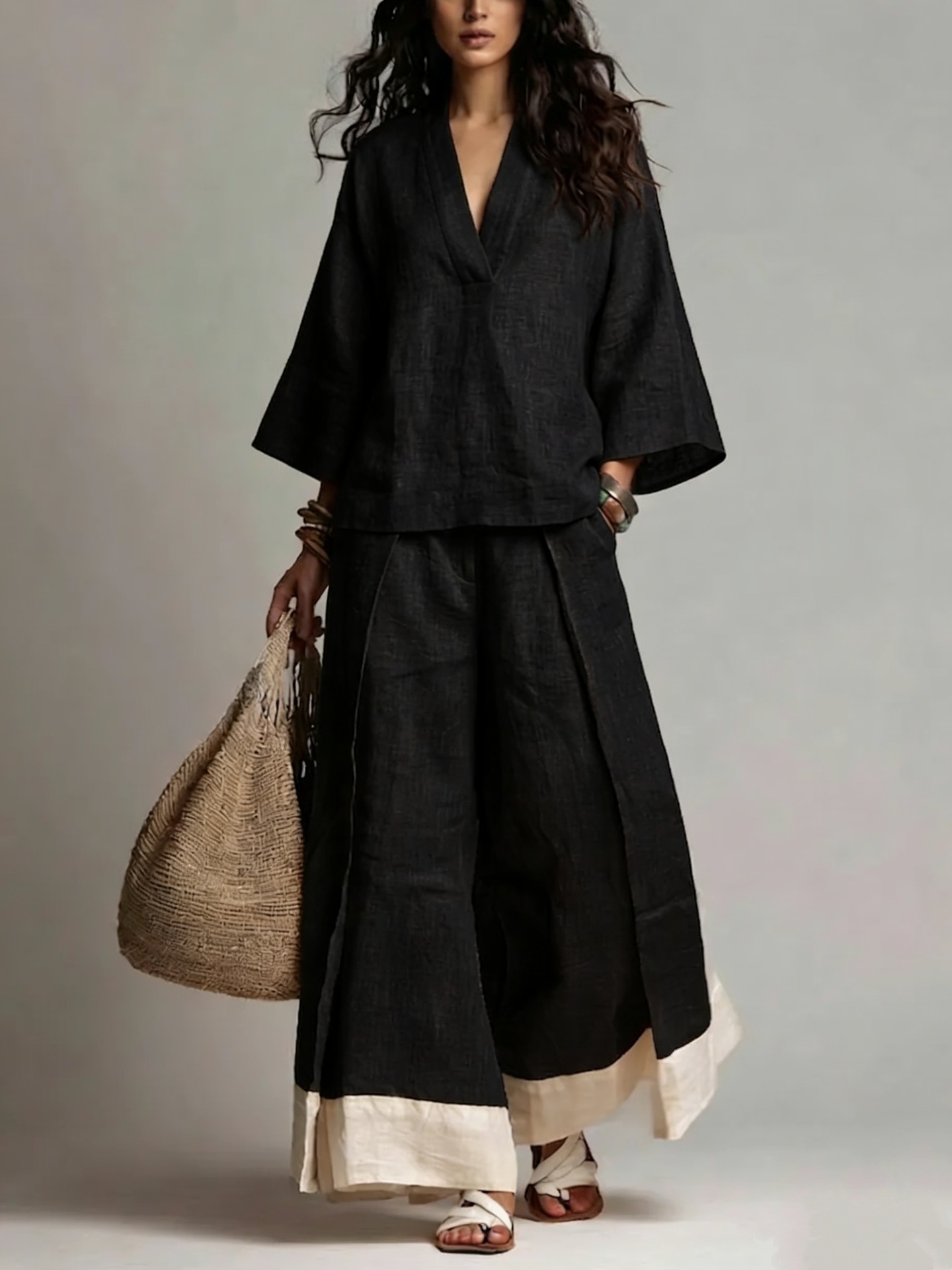 Summer Women V-neck Cotton Lin - Linen Pant Wide 리뷰 및 가격