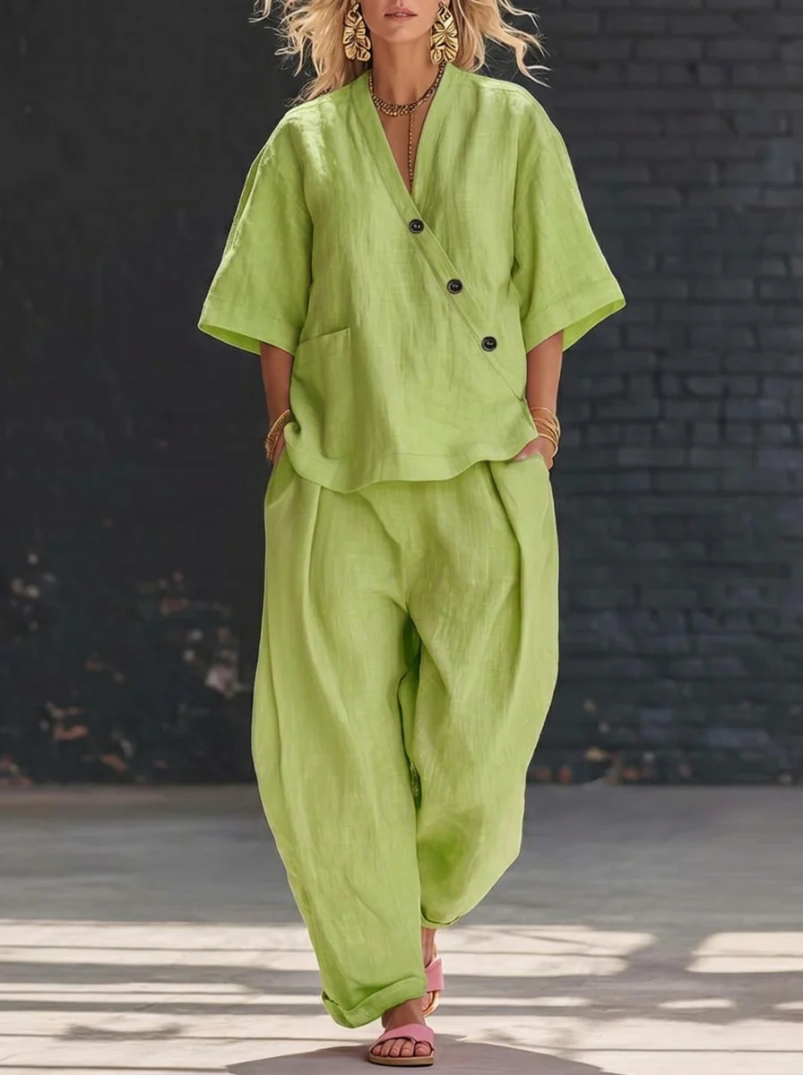 Women’s Two Piece Set Loose V  - Linen Pant Wide 리뷰 및 가격