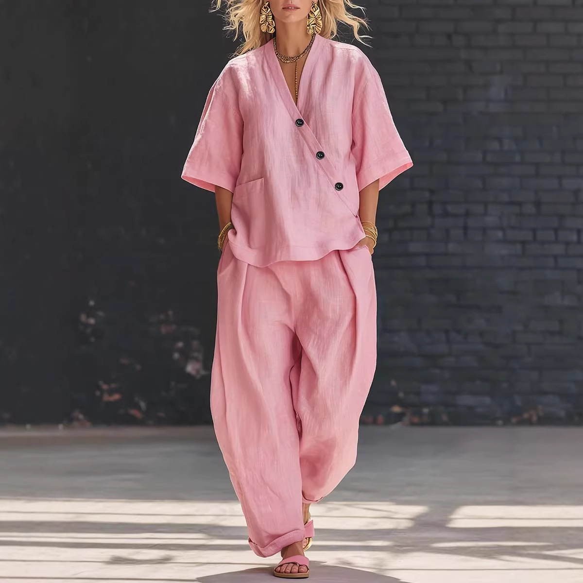 Women’s Two Piece Set Loose V  - Linen Pant Wide 리뷰 및 가격