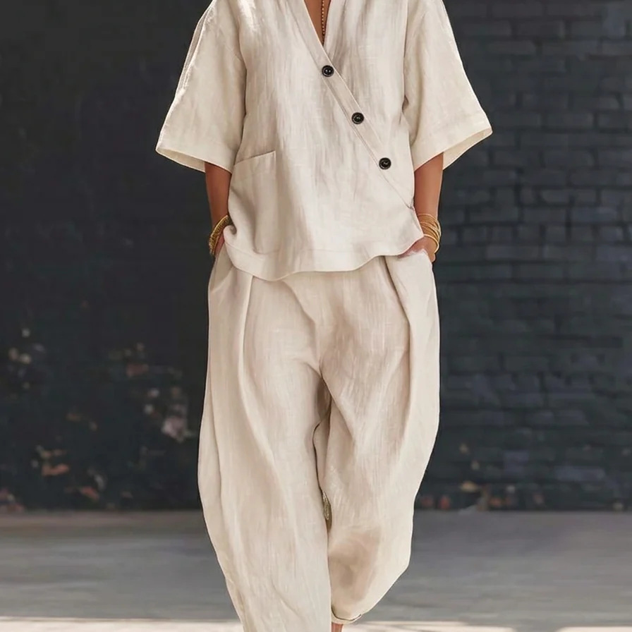 Women’s Two Piece Set Loose V  - Linen Pant Wide 리뷰 및 가격
