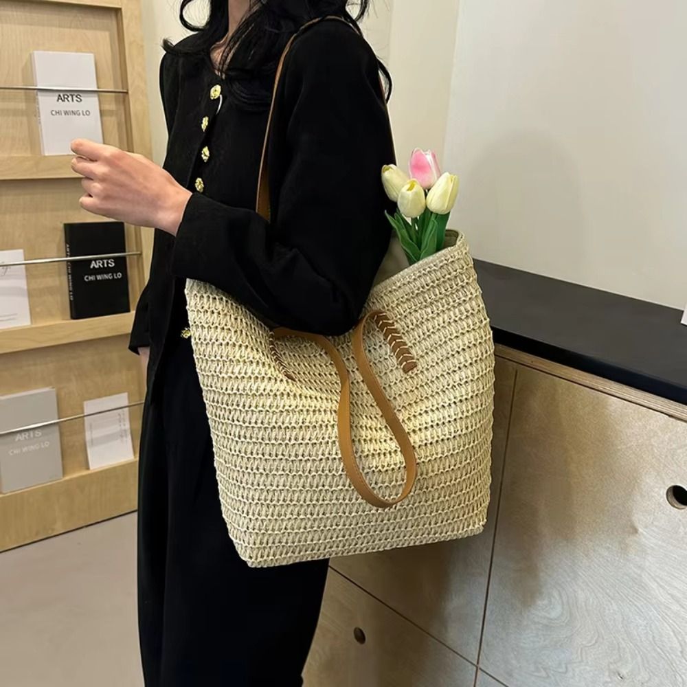 Simple Solid Color Weave Straw - Tote Bag Beach 리뷰 및 가격