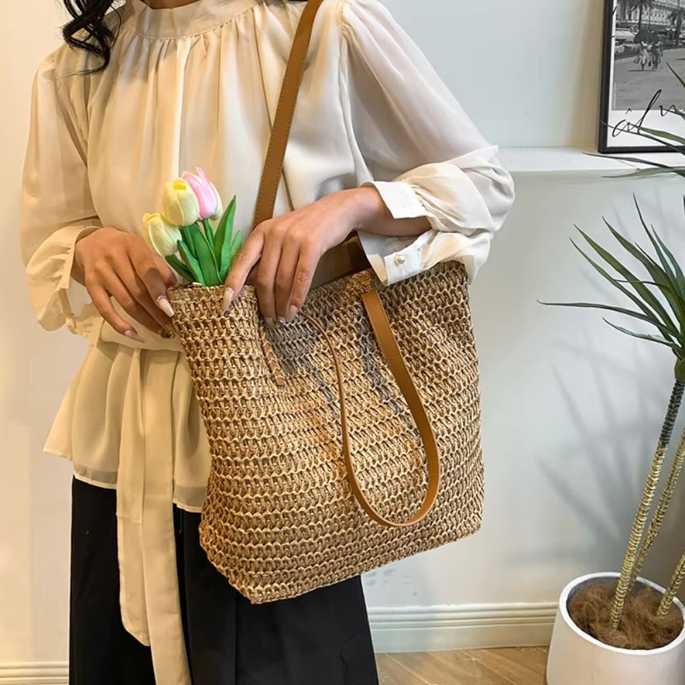 Simple Solid Color Weave Straw - Tote Bag Beach 리뷰 및 가격