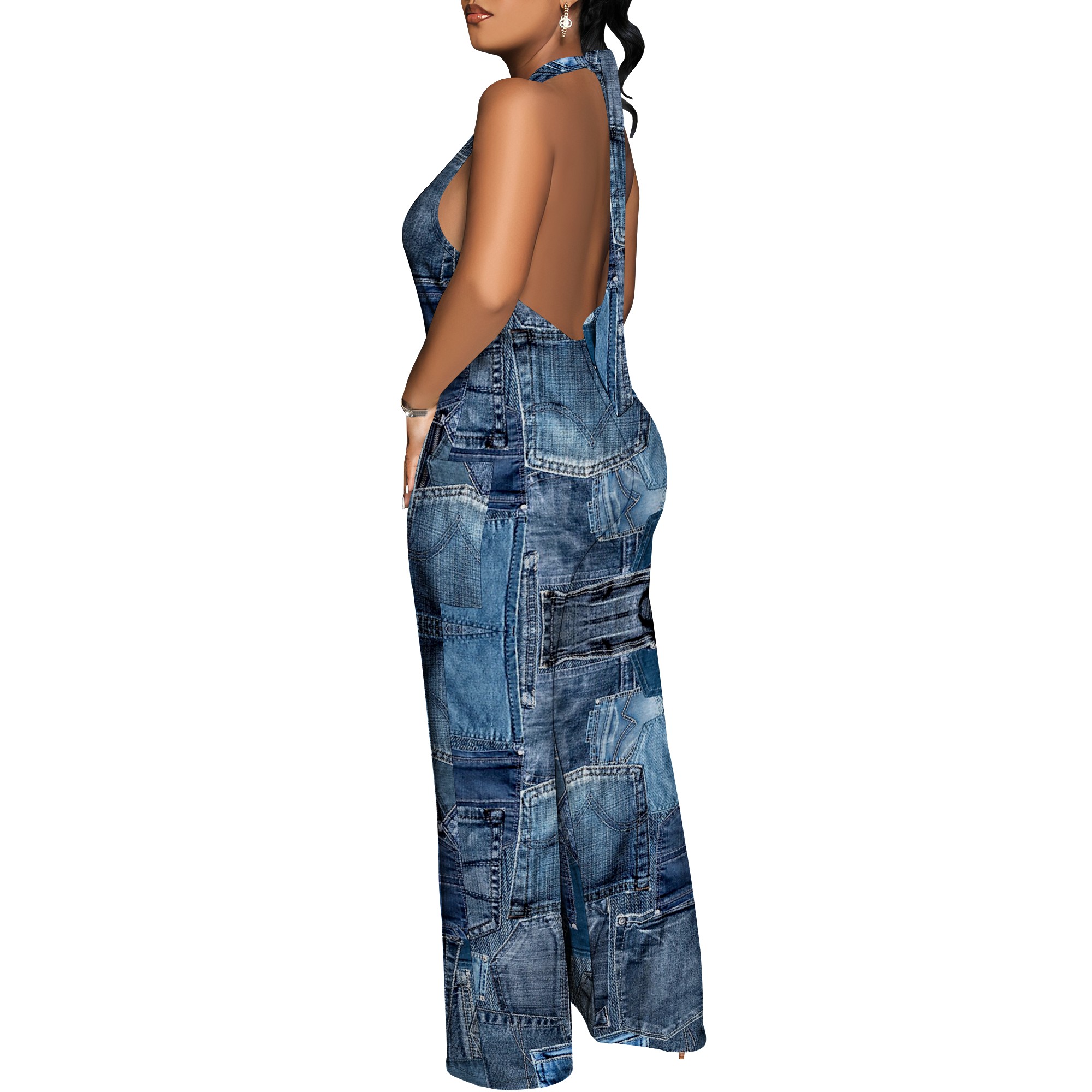Denim Patchwork Halter V-Neck  - Maxi Dress Halter 리뷰 및 가격