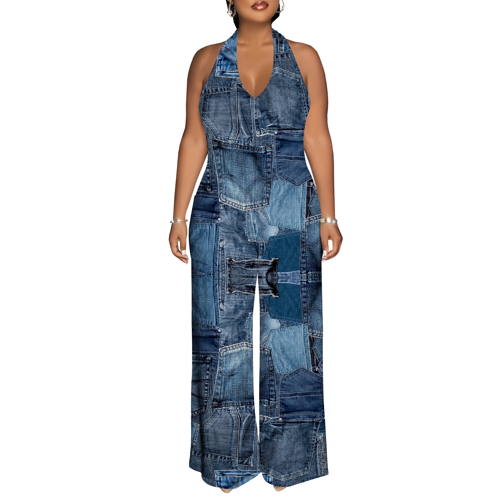 Denim Patchwork Halter V-Neck  - Maxi Dress Halter 리뷰 및 가격